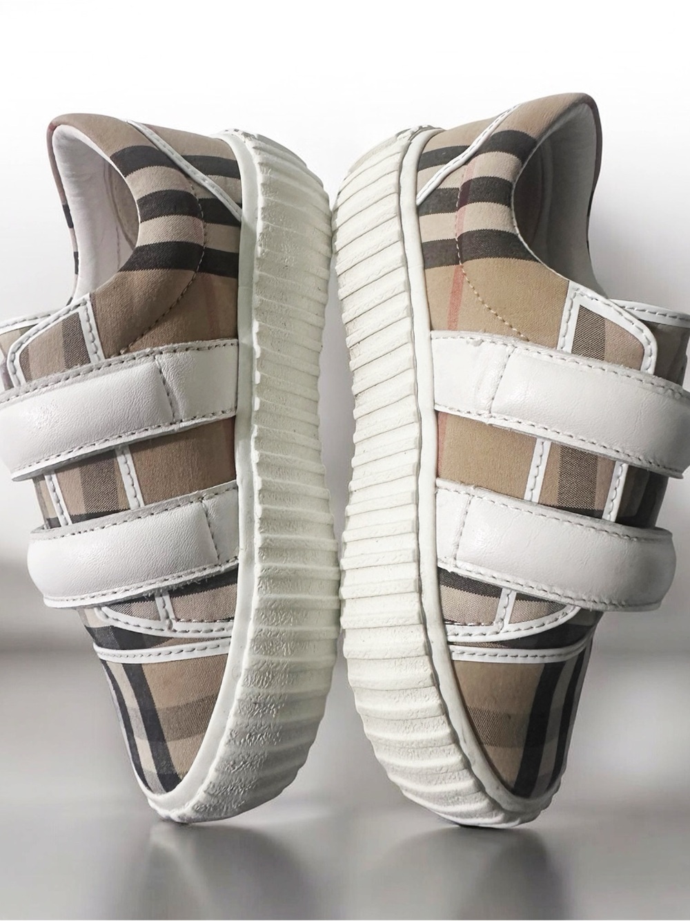 Burberry Beige Plaid Kids Velcro Sneakers with White Straps